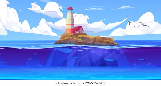 Cartoon vector sea landscape background with lighthouse on island. Illustration with house on rocky coast in ocean, underwater view. Beacon and building on harbor. Beautiful panoramic seascape.