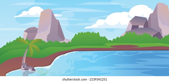 cartografía vectorial del paisaje marino, palmeras y bosques de montaña