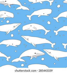 Cartoon vector sea whale and sperm whale seamless pattern. Vector sketch doodle line art.