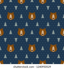 Cartoon vector seamless background. Cute pattern with wild bears. Nature, animal, wildlife zoo, reserve theme