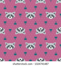 Cartoon vector seamless background. Cute pattern with raccoons. Nature, animal, wildlife zoo, reserve theme