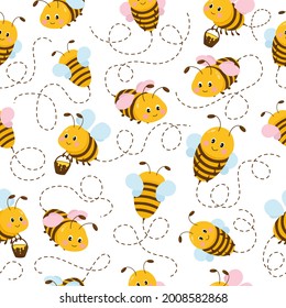 Cartoon vector seamless with flying cute bees on white background. Summer pattern for kids.