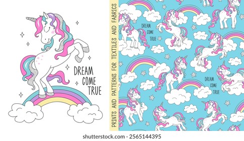 Cartoon vector. Seamless glitter unicorn pattern for t-shirts and fabric. Fashionable pattern.