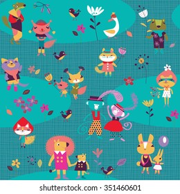 Cartoon Vector Seamless Pattern with animals and flora 
