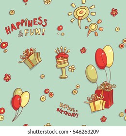 cartoon vector seamless pattern birthday greeting, happiness and fun, hand-drawn retro, birthday cake with candles, flowers, balloons and fireworks, gifts with bows,