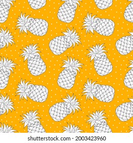 Cartoon vector seamless pattern with black and white whole Pineapple Fruit on juicy yellow background. Natural vegetarian sweet food. Cute texture for fabric, textile print, package, wrapping paper