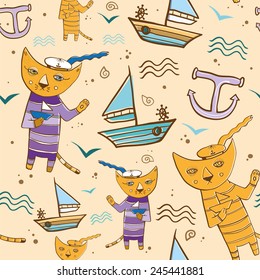 Cartoon vector seamless pattern with cat sailor on the sea with the small ship. Summer theme. eps 10