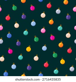 Cartoon Vector Seamless Pattern of Colorful Round Christmas Ornaments in Various Bright Colors on Dark Green Background, Festive Holiday Print for Winter Design, Wrapping Paper, Textile, and Christmas Background.