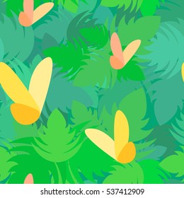 Cartoon vector seamless pattern, colorful nature background, forest leaves and butterfly