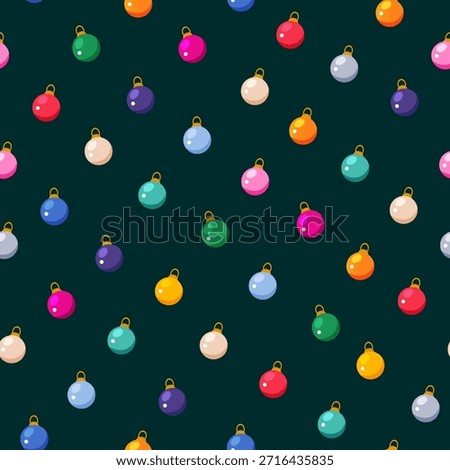 Cartoon Vector Seamless Pattern of Colorful Round Christmas Ornaments in Various Bright Colors on Dark Green Background, Festive Holiday Print for Winter Design, Wrapping Paper, Textile, and Christmas Background.