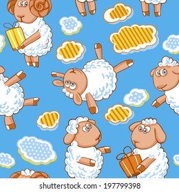 Cartoon vector seamless pattern with cute sheep.
