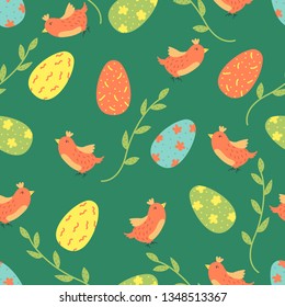 Cartoon vector seamless pattern with Easter eggs and birds. Bright background design. 