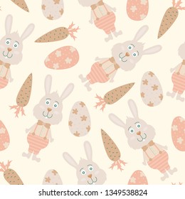 Cartoon vector seamless pattern with Easter eggs and bunnies. Bright background design. 