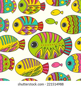 Cartoon vector seamless pattern with fishes.