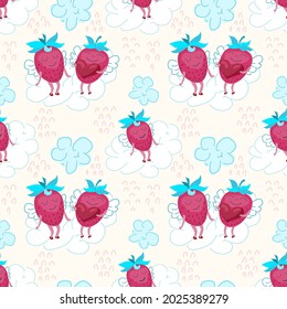 Cartoon vector seamless pattern with hand drawn strawberries on the clouds. Cartoon strawberries with wings and heart. Print for printing on wallpapers and textiles for children