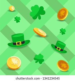 Cartoon vector seamless pattern illustration for happy st Patrick day,  Irish folklore. Coins, clover, green hatб checkered plaid.