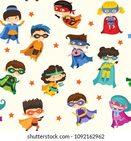 Cartoon vector seamless pattern with Kid Superheroes wearing comics costumes