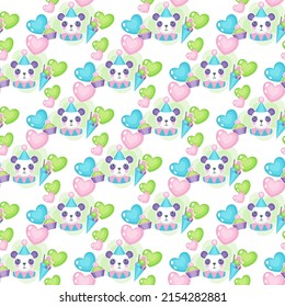 Cartoon vector seamless pattern with a panda, ice cream, cake and hearts on a white background. Kids' holiday, party, birthday.