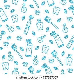 ?ute cartoon vector seamless pattern with teeth, toothbrushes, chewing gum, mint leaves, toothpaste and dental floss.