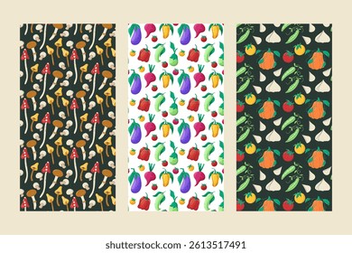 Cartoon vector seamless patterns of vibrant vegetables. Bright, playful, and perfect for food or farm-themed designs.