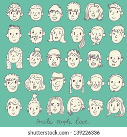 Cartoon vector set Ã¢Â?Â? 36 different funny faces. Girls, boys, men, women in white colors