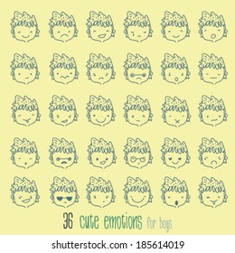 Cartoon vector set. 36 different emotions with boy.