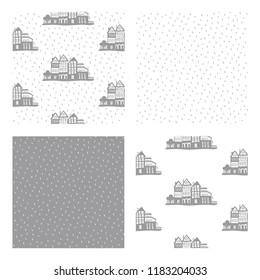 Cartoon vector set of 4 patterns with houses and dots.