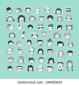 Cartoon vector set. 53 different funny faces.