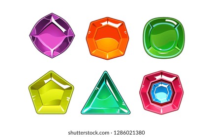 Cartoon vector set of 6 shiny gemstones of different shapes. Valuable stones. Gaming assets