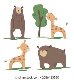 Cartoon vector set with bears and giraffes. Isolated elements on white background. Wild animals in different poses. Vector illustration clip art.
