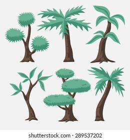 Cartoon vector set of blue green trees
