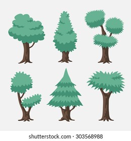 Cartoon vector set of blue green tree