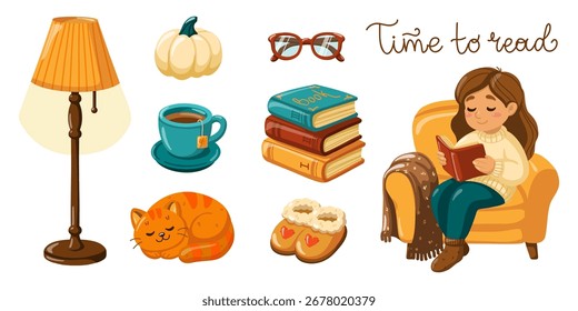 Conjunto de Vector de dibujos animados con libros, lámpara, gato, taza de té y accesorios de lectura acogedores. Vector aislado ilustración sobre fondo blanco. 