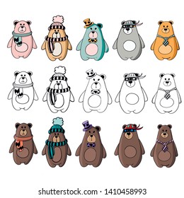 Cartoon vector set of brown forest bear isolated on white background. Teddy in different forms and clothes. Sets of multi-colored bears, brown bears and bears contours