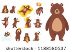 Cartoon vector set of brown grizzly bear, isolated on white background. Teddy in different pose and activities, sitting, dancing and lying.