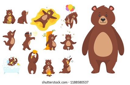 Cartoon vector set of brown grizzly bear, isolated on white background. Teddy in different pose and activities, sitting, dancing and lying.