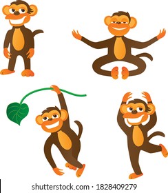 Cartoon vector set of brown and orange cheeky monkey in different poses, dancing, meditating, hanging on a branch and standing. Flat style illustration