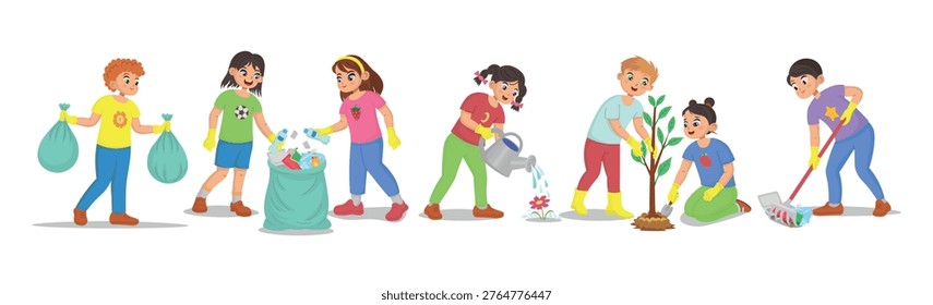 Cartoon vector set of children doing eco activities: cleaning trash, recycling waste, planting trees and watering plants. Cute kids in gloves help the environment, isolated on white background.