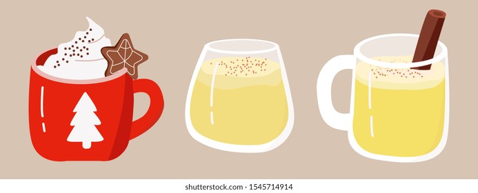 Cartoon vector set of christmas eggnog drink. Isolated element. Handmade flat drawing. Red cup and glass.
