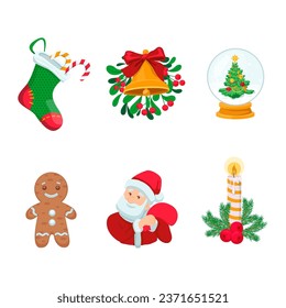 Cartoon vector set of Christmas icons. Stocking with candy cane, Christmas tree, bell, Santa Clause, candle illustrations in cartoon style. Holiday, decoration, celebration concept