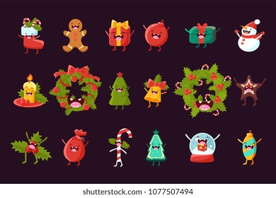 Cartoon vector set of Christmas symbols with happy faces. Holly wreath, fir-tree, snowman, candy cane, gingerbread man, decorative toys, burning candle