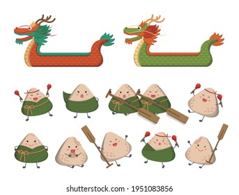 Cartoon Vector Set of Comic Cartoon Characters Mascots and Dragon Boats for Dragon Boat Festival Zongzi