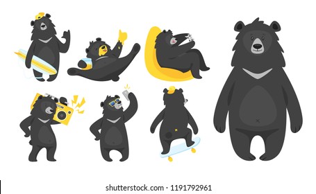 Cartoon vector set of cool black bear in different poses and activities, isolated on white background. Template for print.