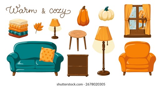 Cartoon vector set with cozy living room furniture, pumpkins and autumn window. Isolated illustration on white background.