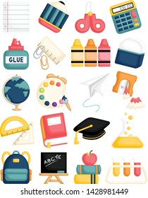 A Cartoon Vector Set of Cute Back to School Supplies for Kids Learning