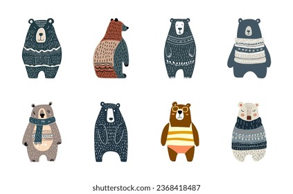 Cartoon vector set of cute bears. Flat vector illustration. Isolated on white background.