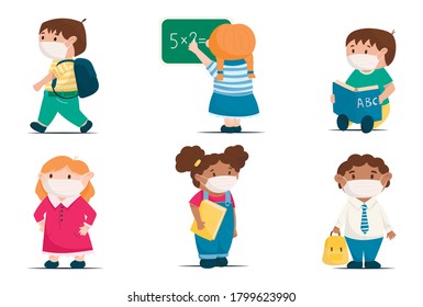 Cartoon vector set of cute children, school kids going back to school. Smiling pupils with books and backpacks. New normal.