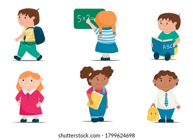 Cartoon vector set of cute children, school kids going back to school. Smiling pupils with books and backpacks. New normal