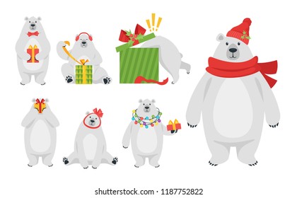 Cartoon vector set of cute polar bear in different poses with Christmas presents and red bow, isolated on white background. Template for print.
