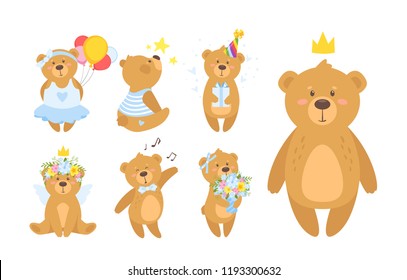 Cartoon vector set of cute teddy bear in different poses and activities, isolated on white background. Template for print or greeting card.